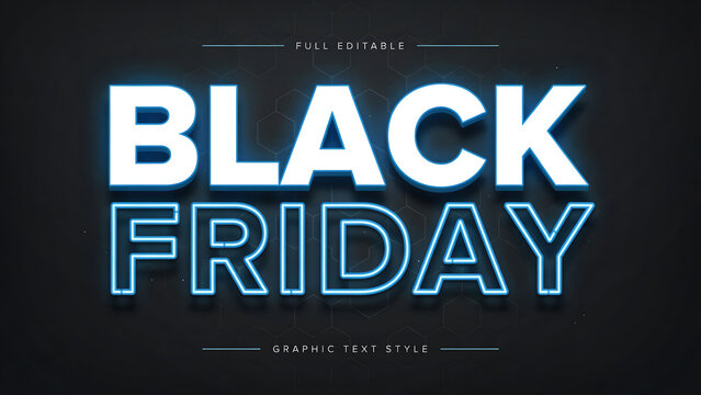 Black friday text style with bold white letters and blue neon glowing outlines on a dark textured background, with a hexagonal pattern