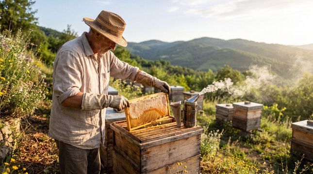 Beekeeper in a hat harvests honey from wooden hives in a mountainous field during sunset.