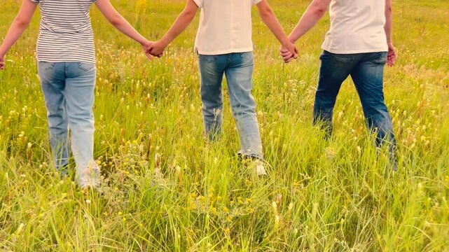 child parent, mother, father nature holding hand, happy family dream, United during sunset, Field of love, Life s journeys together, Holding strong, Childhood wonder, Family path, Serenity together