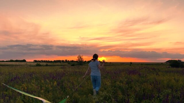 child girl running sunset flying kite, silhouette children game, Vibrant sky at dusk, silhouette against the sunset, kite trailing behind, running free in nature, wild meadow life, evening glow