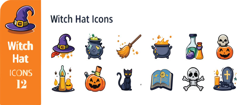 Set of halloween witch hat and magical mystery themed icons for spooky designs
