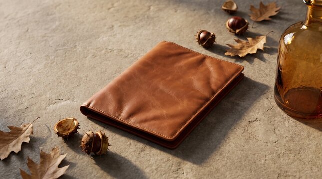 Leather folio and amber glass in autumn light