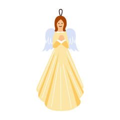 Fototapeta premium Hanging angel ornament with wings and yellow dress. Christmas decor. 