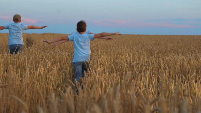 Child kids running through wheat field, run children group boy girl wheat field, agriculture, friends outdoors, people nature, hands raised in joy, soft light of a summer day, memories of golden days
