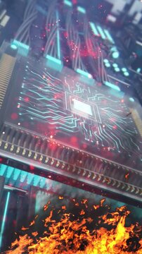 Digital circuit board with cpu and glowing data fire smoke and overheating