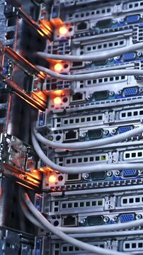 Close up of a rack mounted server in data centre