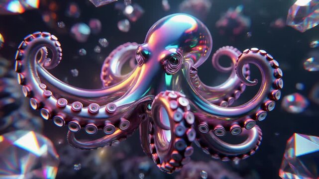 Shiny Chrome Octopus Sculpture Among Diamonds, Underwater Abstract Art