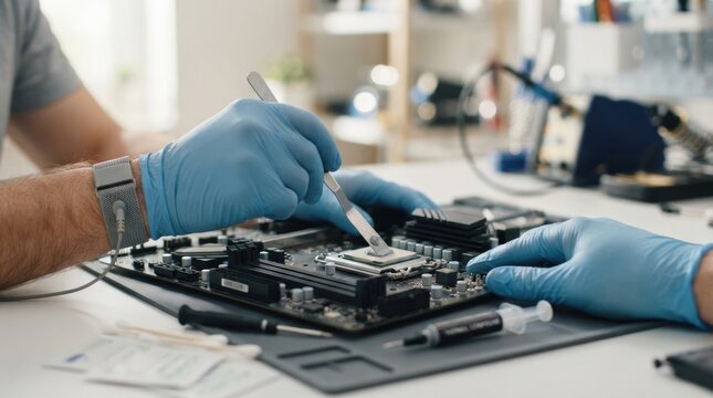 Computer Technician Applying Thermal Paste to Processor on Motherboard During CPU Cooling System Maintenance