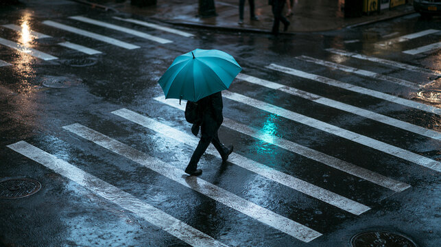 Pedestrian with Umbrella Crossing Wet Street in Rain