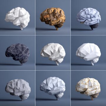 Low poly brain models in various textures and colors against a neutral studio background