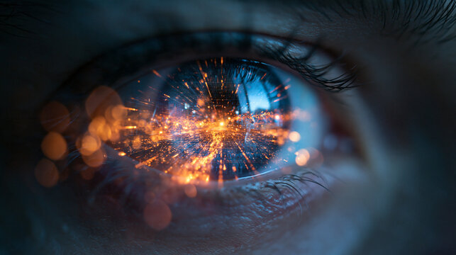 Human Eye Reflecting Futuristic Digital City Lights