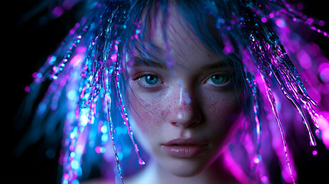 Futuristic Young Woman with Glowing Neon Fiber Hair
