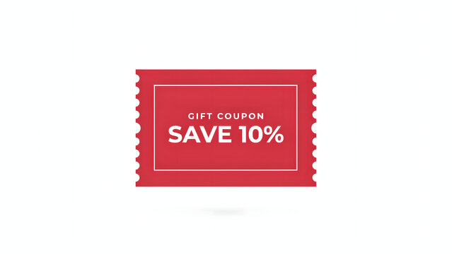 Red rectangular gift coupon with white text stating save 10 percent isolated on a white background, for retail marketing, and sales events