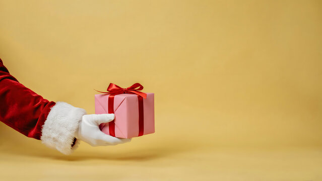 Santa claus hand wearing a white glove holding a small pink gift box with a red ribbon bow, isolated on a solid yellow background space