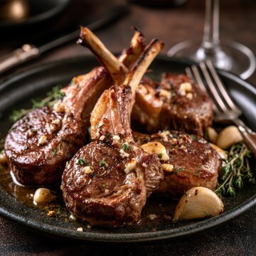 Pan-seared lamb chops with garlic and thyme, elegant dark ceramic plate, luxury restaurant setting