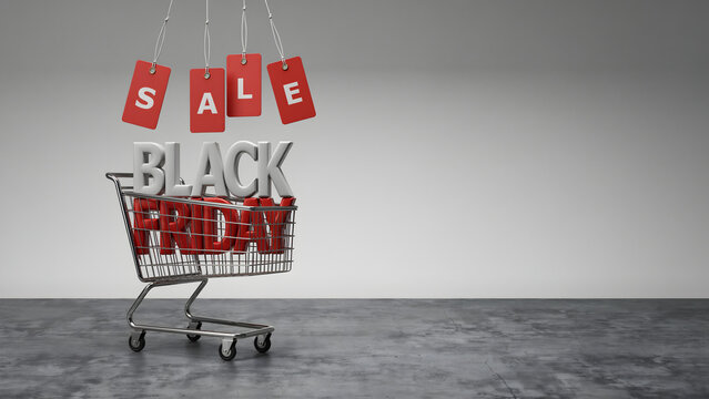 Shopping cart with 3d black friday text and hanging red sale tags on a concrete floor against a plain wall for a retail promotion concept