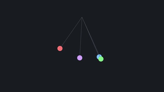 Minimalist pendulum animation with colorful swinging spheres on dark 4k background, physics motion
