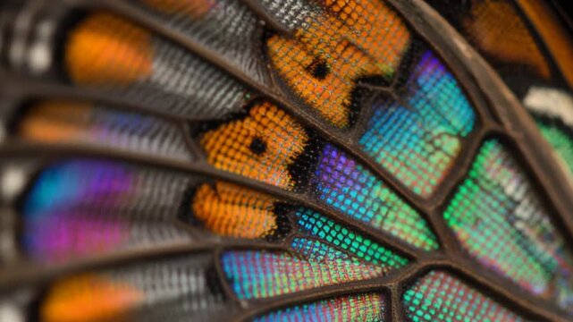 Close-up Macro Butterfly Wing Showing Iridescent Scales and Intricate Patterns