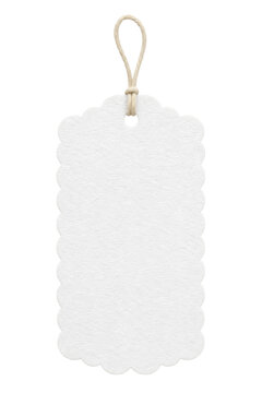 Blank white scalloped gift tag with a natural twine loop isolated on a clean white background