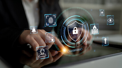 Business Professional Engaging in Digital Security Practices with Icons Representing Cybersecurity...