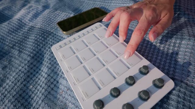 A female hand taps beat pads on a white compact MIDI controller outdoors. A smartphone rests on a blue blanket nearby during a mobile digital music creation session in bright sunlight.
