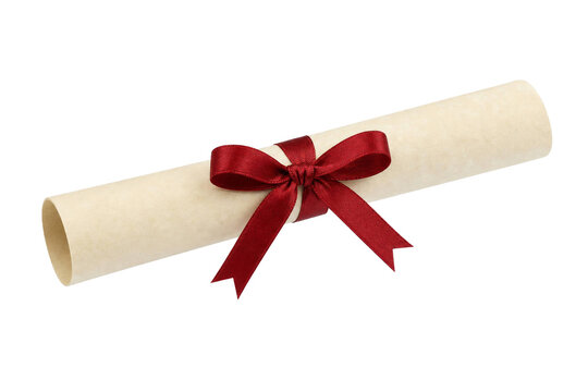 A rolled parchment diploma tied with a deep red satin ribbon isolated on a white background