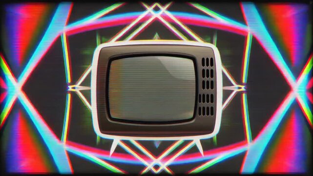 Retro TV with Abstract Neon Geometric Light Show Background