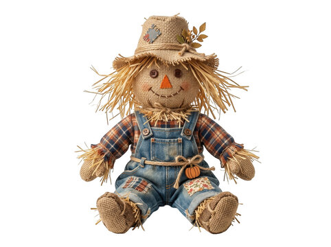 Cute straw scarecrow doll wearing a plaid shirt and blue denim overalls sitting down isolated on transparent background