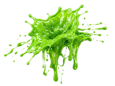 Bright green liquid splash with dynamic droplets flying in the air isolated on a clean simple background isolated on transparent background