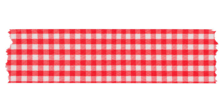 Strip of red and white gingham patterned washi tape isolated on a clean white background surface