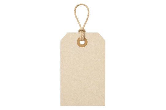 Blank beige paper gift tag with a natural jute twine loop isolated on a clean white background