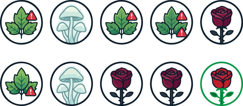 Set of nature icons featuring leaves with warning signs mushrooms and roses