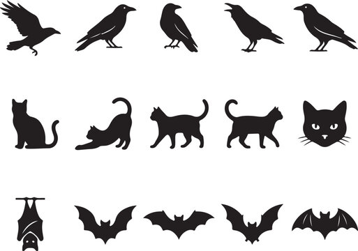 Set of black halloween silhouettes featuring crows cats and bats
