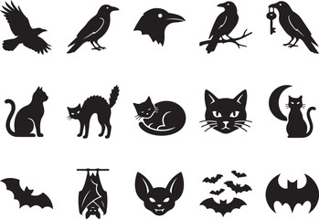 Fototapeta premium Halloween silhouette icon set featuring crows cats and bats