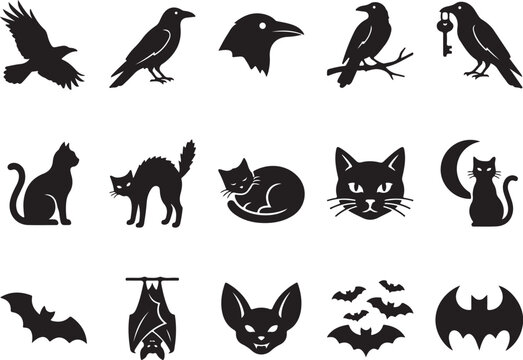 Halloween silhouette icon set featuring crows cats and bats