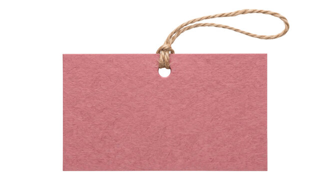 Blank rectangular pink paper price tag with a rustic jute twine string on white background