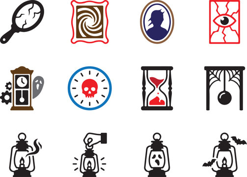 Set of twelve Halloween themed icons featuring spooky objects