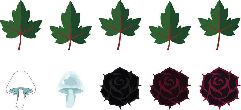 Set of autumn leaves mushrooms and dark roses isolated on white