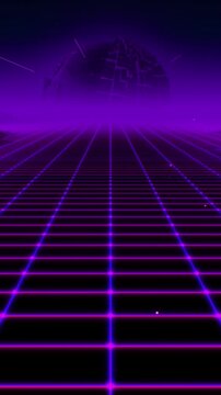 Vintage 80s animated background with planet and 3D platform