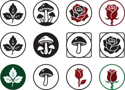 Set of botanical icons featuring mushrooms roses and leaves