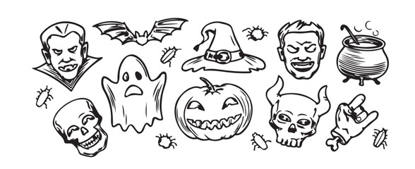 Obraz premium Halloween Doodle Set Vintage Tattoo Sketch Pumpkin Skull