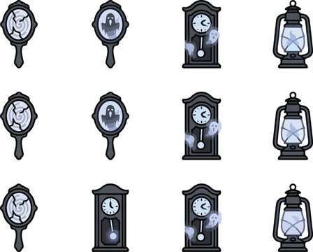 Set of spooky halloween icons featuring mirrors and clocks