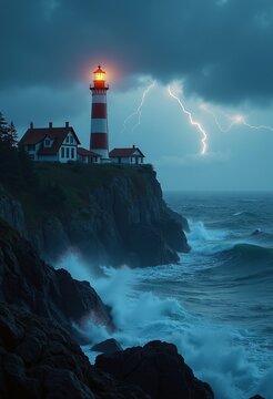 Historic Lighthouse on Rocky Coast Battling Stormy Waves Under Dark Clouds