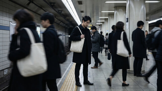 Subway commuters navigating crowd noise with sound-dampening design