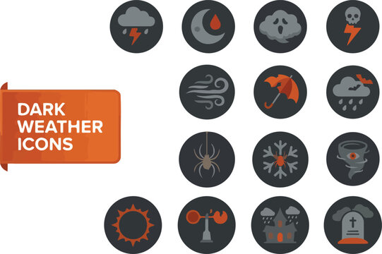Set of dark weather and halloween themed flat vector icons