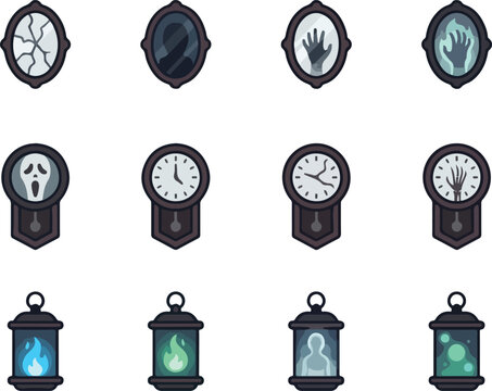 Set of spooky halloween icons featuring mirrors clocks and lanterns