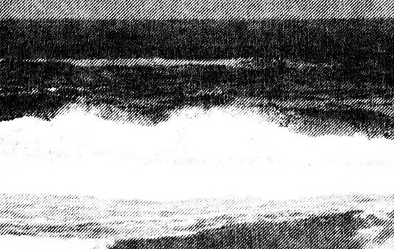 Broad dark shoreline and calm water form horizontal layers in monochrome printed halftone.