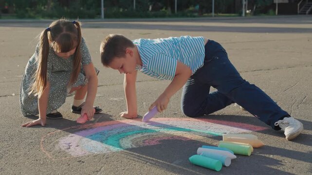 Drawing Rainbows Smiles, Creative Playtime Chalk, Friends Making Outdoor Art, Capturing Colorful Childhood, Imaginative Kids Sunny Day, Chalk Art and Open Skies, Happy Drawing Time Outside, Expressing