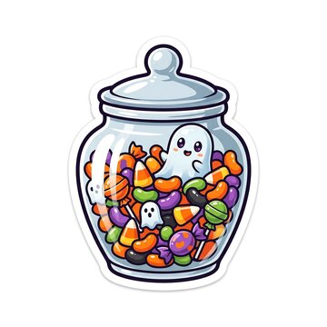 Cute ghost character inside a glass candy jar filled with Halloween treats