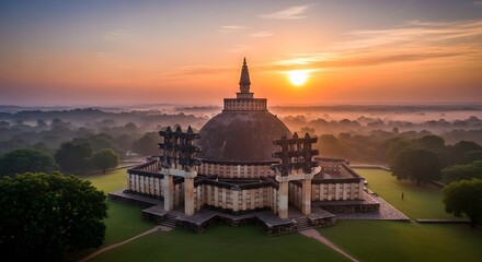 Obraz premium Aerial view of the ancient Sanchi Stupa at sunrise in Madhya Pradesh India